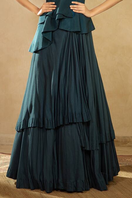 Shikha And Srishti Design_Blue Organza V Neck Layered Lehenga Set _at_Aza_Fashions