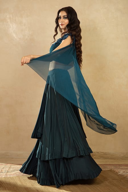Shop Shikha And Srishti Design Blue Organza, Georgette, Modal Silk Asymmetric Layered Lehenga Set at Aza Fashions Shop_Shikha And Srishti Design_Blue Organza, Georgette, Modal Silk Asymmetric Layered Lehenga Set _at_Aza_Fashions