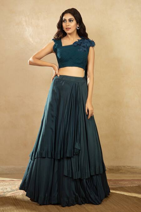 Shikha And Srishti Design Blue Organza, Georgette, Modal Silk Asymmetric Layered Lehenga Set Online at Aza Fashions Shikha And Srishti Design_Blue Organza, Georgette, Modal Silk Asymmetric Layered Lehenga Set _Online_at_Aza_Fashions