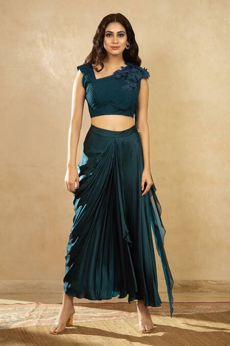 Shop Shikha And Srishti Design Blue Organza, Georgette, Satin Asymmetric Draped Skirt Set at Aza Fashions Shop_Shikha And Srishti Design_Blue Organza, Georgette, Satin Asymmetric Draped Skirt Set _at_Aza_Fashions