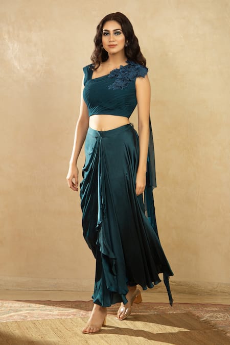Shikha And Srishti Design Blue Organza, Georgette, Satin Asymmetric Draped Skirt Set 
