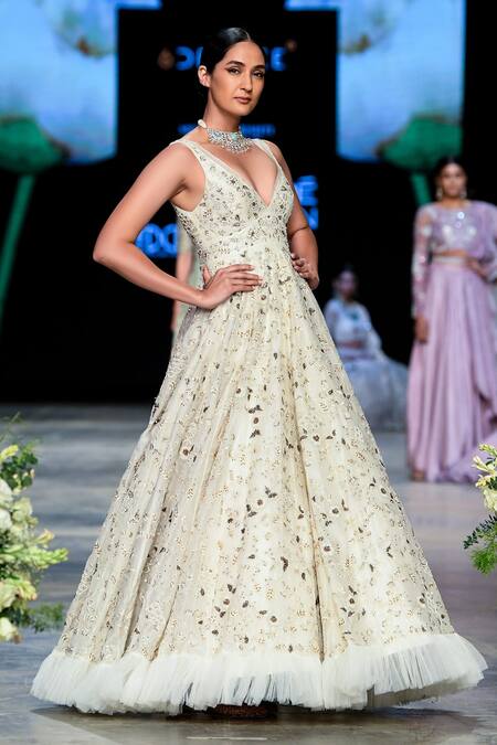 Shikha And Srishti Design White Organza V Neck Embroidered Gown Online at Aza Fashions Shikha And Srishti Design_White Organza V Neck Embroidered Gown _Online_at_Aza_Fashions