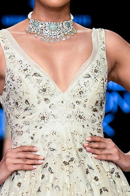 Buy Shikha And Srishti Design White Organza V Neck Embroidered Gown Online at Aza Fashions Buy_Shikha And Srishti Design_White Organza V Neck Embroidered Gown _Online_at_Aza_Fashions
