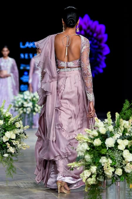 Shop_Shikha And Srishti Design_Purple Organza Embroidery Boat Pre-draped Saree Set  _at_Aza_Fashions