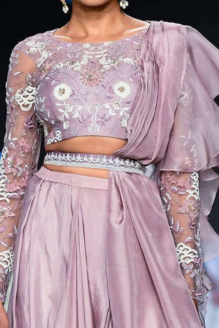 Buy_Shikha And Srishti Design_Purple Organza Embroidery Boat Pre-draped Saree Set  _Online_at_Aza_Fashions