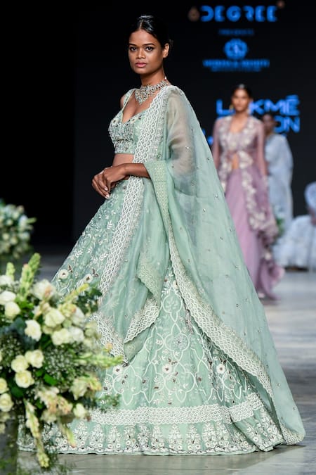 Shikha And Srishti Design_Green Organza V Neck Embroidered Bridal Lehenga Set _Online_at_Aza_Fashions