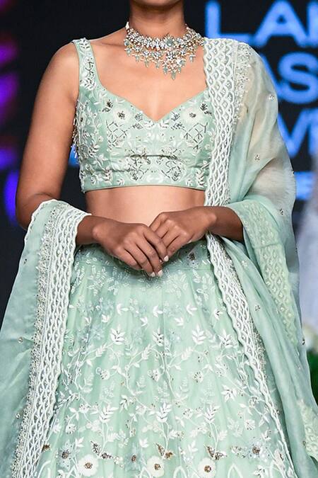 Buy_Shikha And Srishti Design_Green Organza V Neck Embroidered Bridal Lehenga Set _Online_at_Aza_Fashions