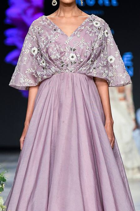 Shop_Shikha And Srishti Design_Purple Organza V Neck Embroidered Gown _Online_at_Aza_Fashions