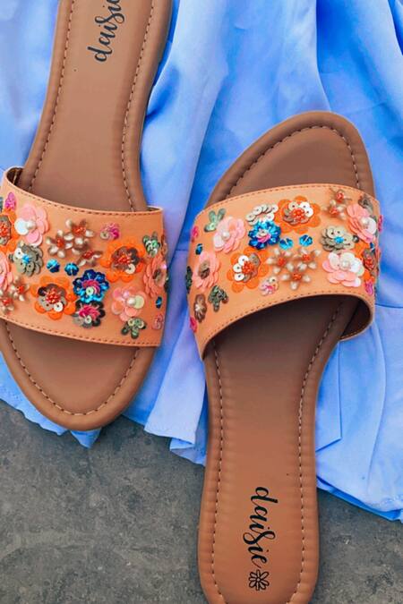 Buy_Daisie_Peach Sequin Embellished Sliders_Online_at_Aza_Fashions