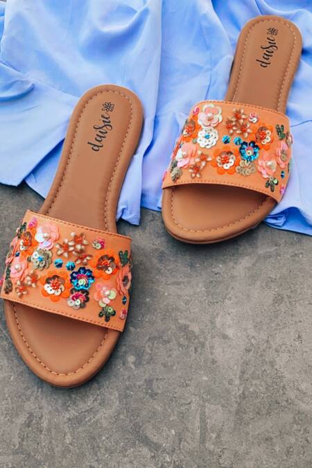 Shop_Daisie_Peach Sequin Embellished Sliders_Online_at_Aza_Fashions