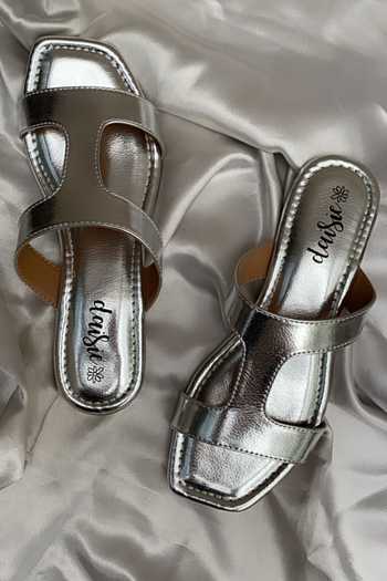 Buy Daisie Silver Faux Leather T-strap Sliders at Aza Fashions Buy_Daisie_Silver Faux Leather T-strap Sliders_at_Aza_Fashions