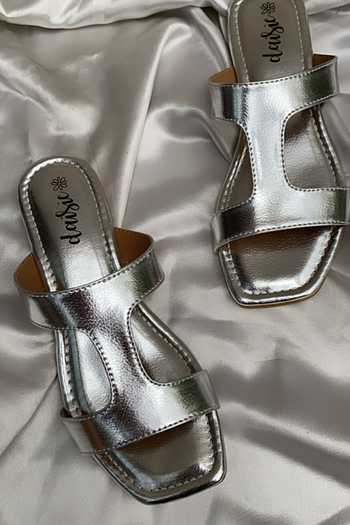 Daisie Silver Faux Leather T-strap Sliders Online at Aza Fashions Daisie_Silver Faux Leather T-strap Sliders_Online_at_Aza_Fashions
