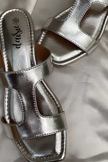 Shop Daisie Silver Faux Leather T-strap Sliders Online at Aza Fashions Shop_Daisie_Silver Faux Leather T-strap Sliders_Online_at_Aza_Fashions