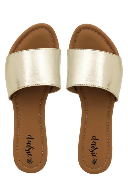 Daisie_Gold Metallic Strap Sliders_Online_at_Aza_Fashions