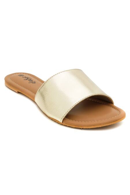 Daisie_Gold Metallic Strap Sliders_at_Aza_Fashions