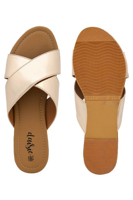 Buy_Daisie_Gold Cross Strap Sliders_Online_at_Aza_Fashions