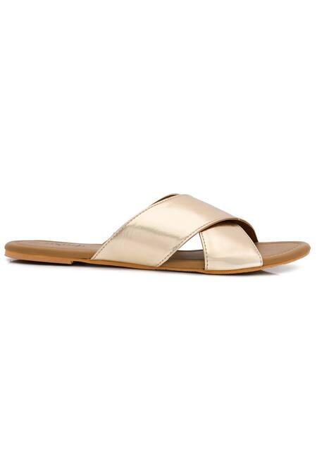 Shop_Daisie_Gold Cross Strap Sliders_Online_at_Aza_Fashions