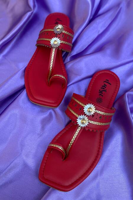 Daisie_Red Embellished Kolhapuri Flats_Online_at_Aza_Fashions