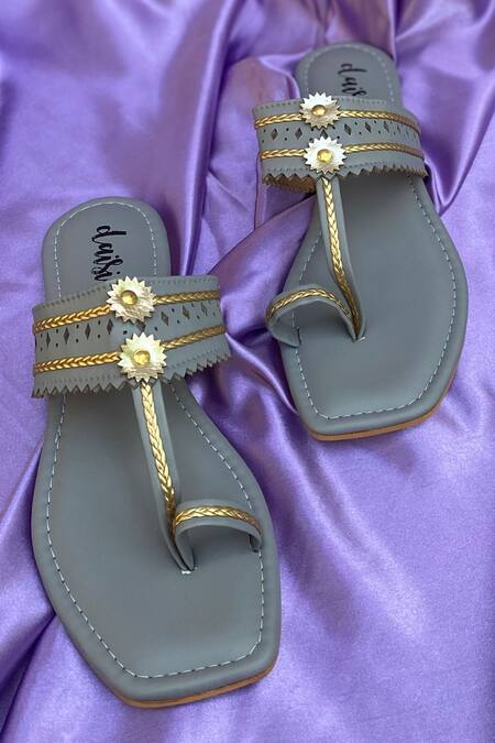 Daisie_Grey Embellished Kolhapuri Flats_Online_at_Aza_Fashions