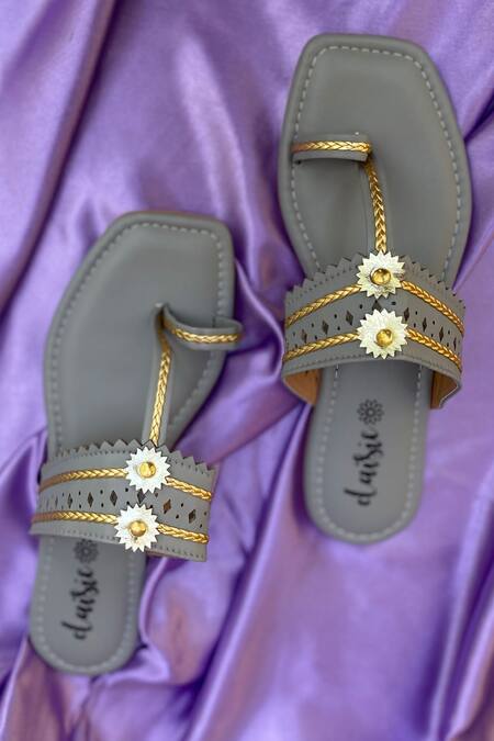 Shop_Daisie_Grey Embellished Kolhapuri Flats_Online_at_Aza_Fashions