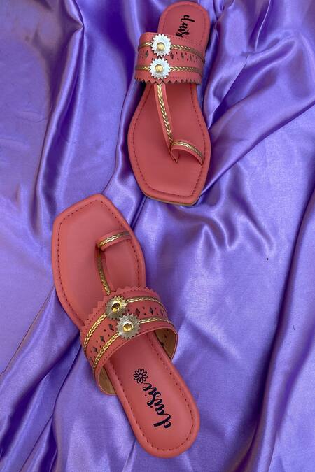 Shop_Daisie_Peach Embellished Kolhapuri Flats_Online_at_Aza_Fashions