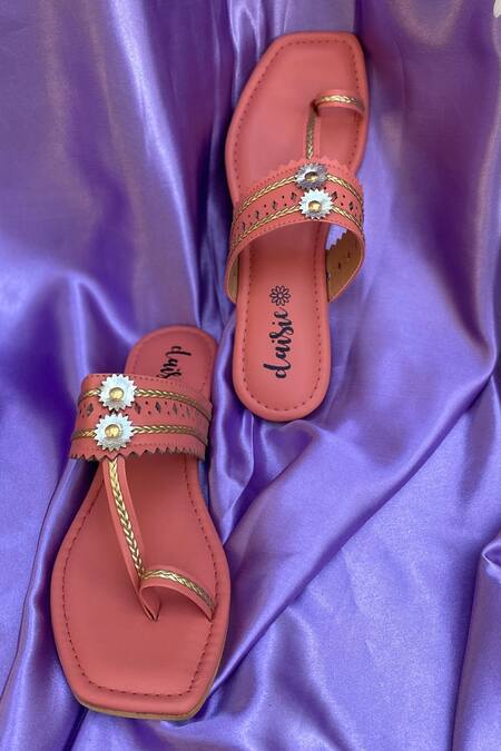 Daisie_Peach Embellished Kolhapuri Flats_at_Aza_Fashions