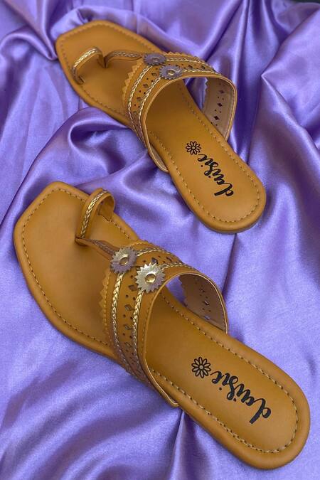 Daisie_Yellow Embellished Mustard Kolhapuri Flats_Online_at_Aza_Fashions