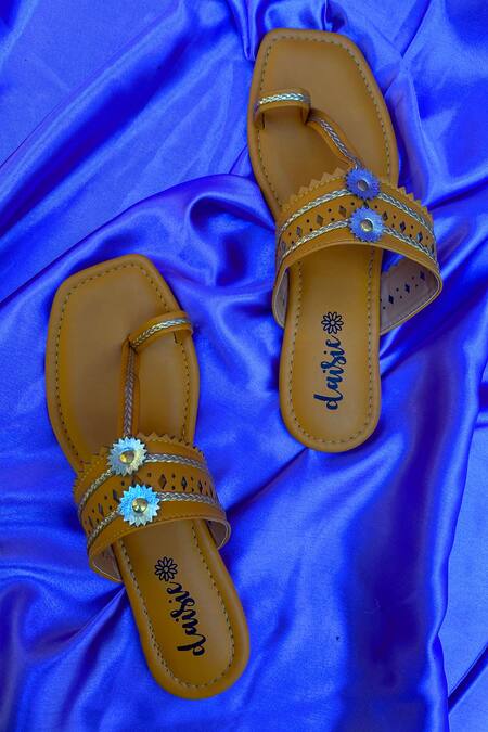 Shop_Daisie_Yellow Embellished Mustard Kolhapuri Flats_Online_at_Aza_Fashions