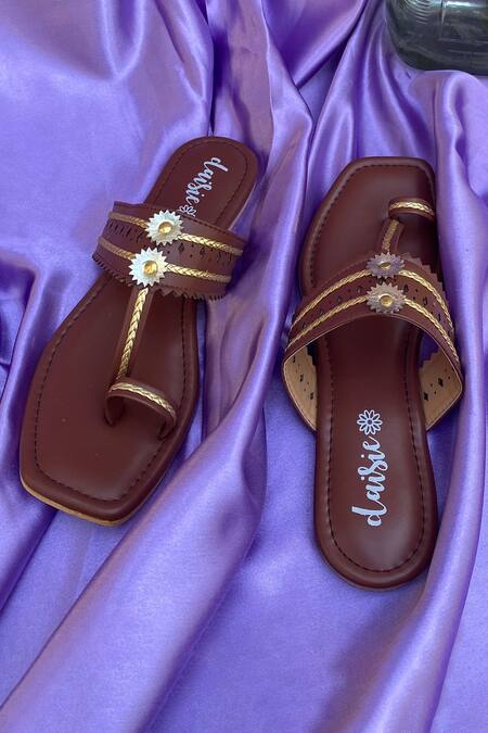 Daisie_Brown Embellished Kolhapuri Flats_Online_at_Aza_Fashions