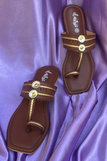 Shop_Daisie_Brown Embellished Kolhapuri Flats_Online_at_Aza_Fashions