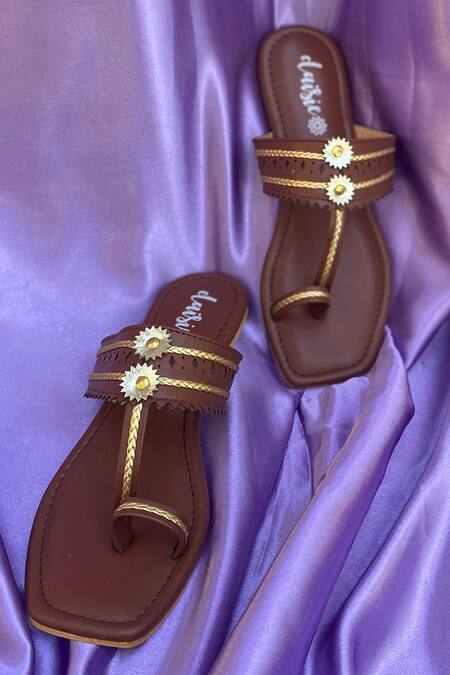 Daisie_Brown Embellished Kolhapuri Flats_at_Aza_Fashions