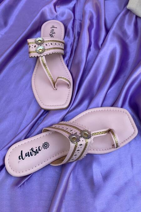 Daisie_Pink Embellished Kolhapuri Flats_Online_at_Aza_Fashions