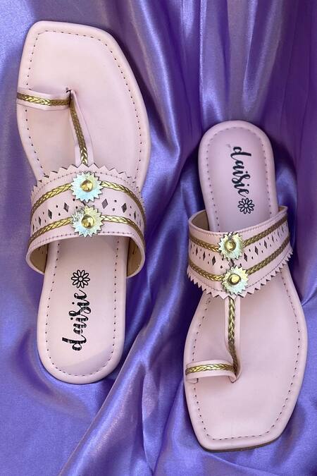 Shop_Daisie_Pink Embellished Kolhapuri Flats_Online_at_Aza_Fashions