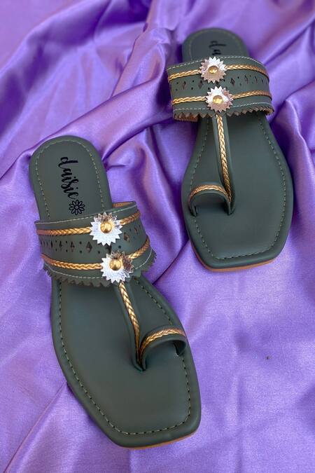 Daisie_Green Embellished Kolhapuri Flats_Online_at_Aza_Fashions