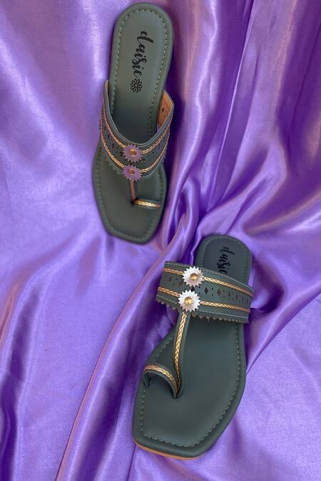 Shop_Daisie_Green Embellished Kolhapuri Flats_Online_at_Aza_Fashions