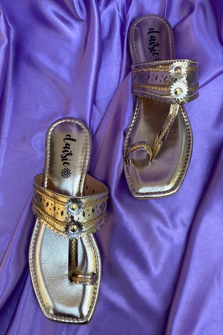 Daisie_Gold Embellished Kolhapuri Flats_Online_at_Aza_Fashions