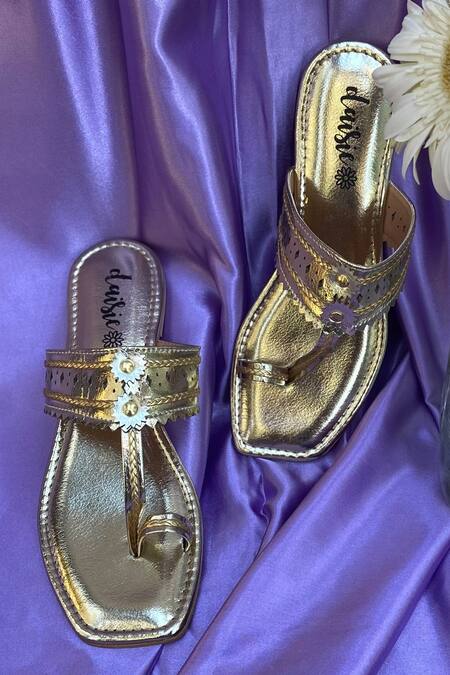 Shop_Daisie_Gold Embellished Kolhapuri Flats_Online_at_Aza_Fashions