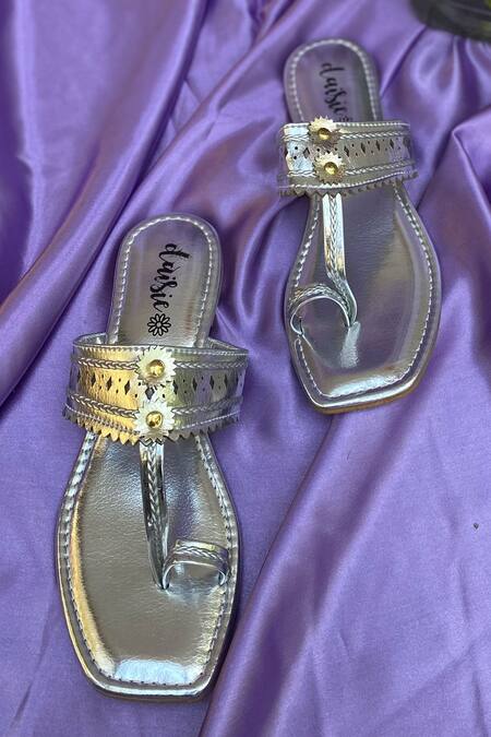 Daisie_Silver Embellished Kolhapuri Flats_Online_at_Aza_Fashions