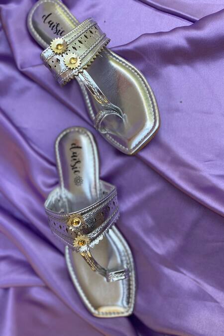 Buy_Daisie_Silver Embellished Kolhapuri Flats_Online_at_Aza_Fashions