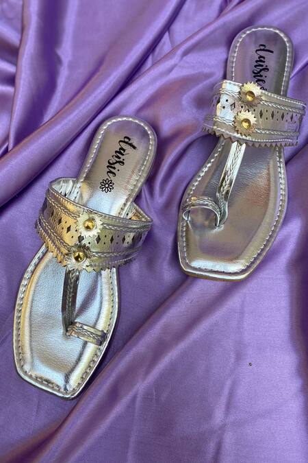 Shop_Daisie_Silver Embellished Kolhapuri Flats_Online_at_Aza_Fashions