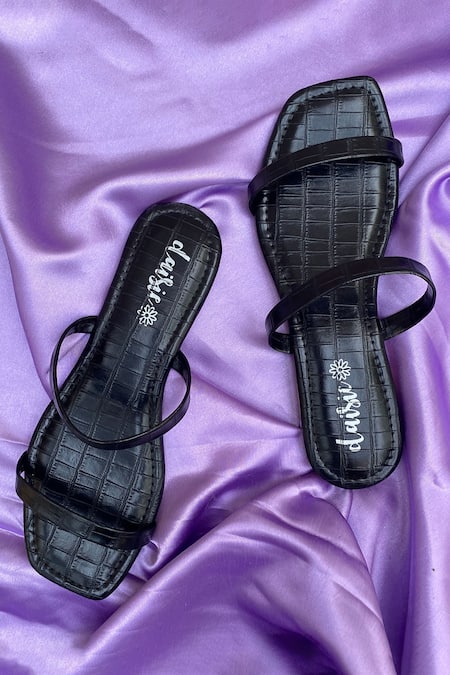 Daisie_Black Textured Strappy Flats_Online_at_Aza_Fashions