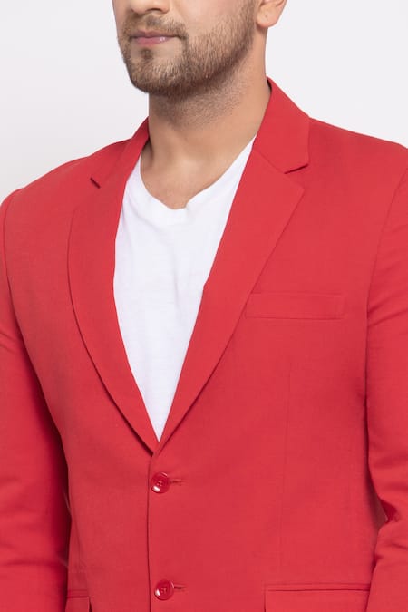 Emblaze_Red Viscose Notched Lapel Blazer And Pant Set _at_Aza_Fashions