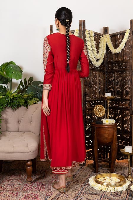 Shop Nadima Saqib Red Anarkali Chanderi, Wrinkle Cotton Pant Viscose Dupion Embroidered Set at Aza Fashions Shop_Nadima Saqib_Red Anarkali Chanderi, Wrinkle Cotton Pant Viscose Dupion Embroidered Set _at_Aza_Fashions
