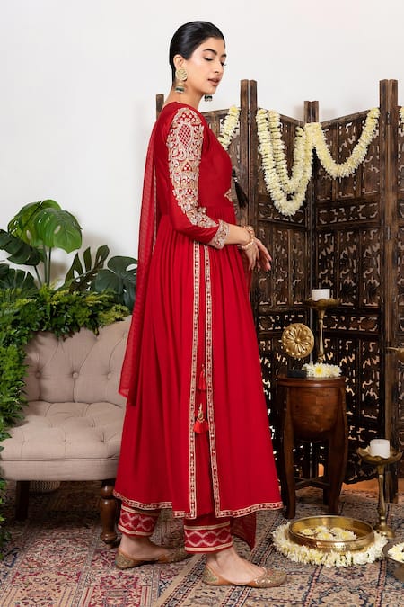 Nadima Saqib Red Anarkali Chanderi, Wrinkle Cotton Pant Viscose Dupion Embroidered Set Online at Aza Fashions Nadima Saqib_Red Anarkali Chanderi, Wrinkle Cotton Pant Viscose Dupion Embroidered Set _Online_at_Aza_Fashions