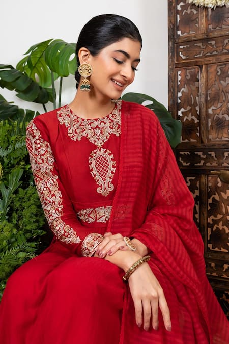 Shop Nadima Saqib Red Anarkali Chanderi, Wrinkle Cotton Pant Viscose Dupion Embroidered Set Online at Aza Fashions Shop_Nadima Saqib_Red Anarkali Chanderi, Wrinkle Cotton Pant Viscose Dupion Embroidered Set _Online_at_Aza_Fashions