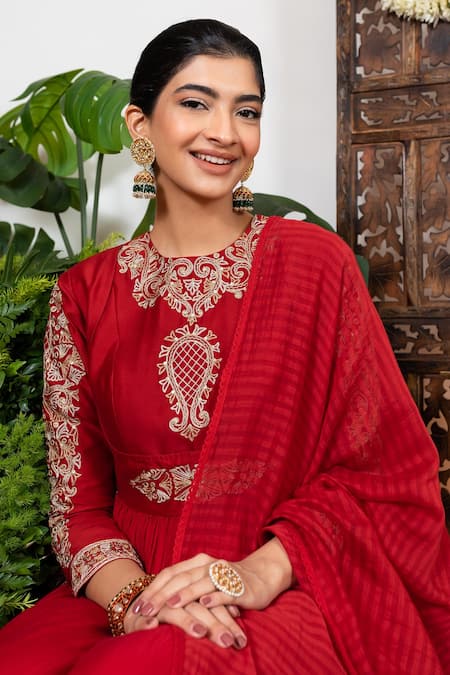 Nadima Saqib Red Anarkali Chanderi, Wrinkle Cotton Pant Viscose Dupion Embroidered Set at Aza Fashions Nadima Saqib_Red Anarkali Chanderi, Wrinkle Cotton Pant Viscose Dupion Embroidered Set _at_Aza_Fashions