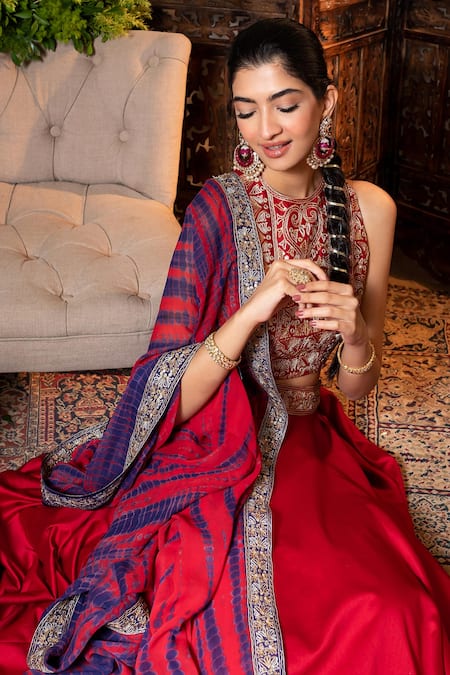 Shop_Nadima Saqib_Red Dupatta Georgette, Lehenga And Blouse Chanderi Round Set _Online_at_Aza_Fashions