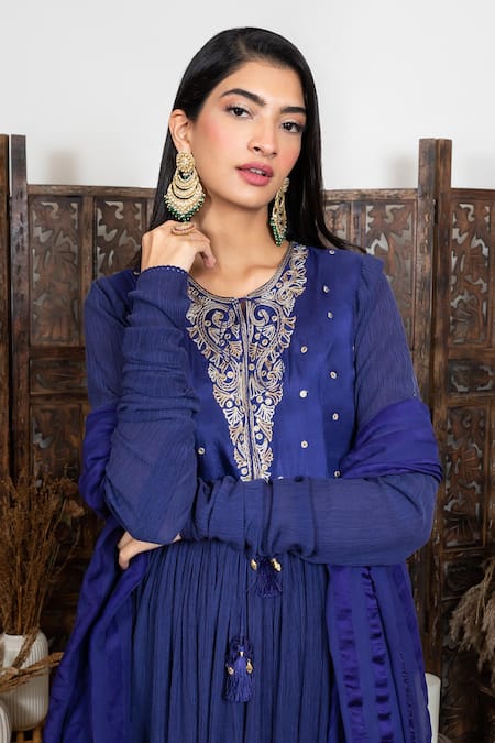 Buy_Nadima Saqib_Blue Anarkali Chanderi, Wrinkle Cotton Dupatta Georgette With Gathered Sleeve _Online_at_Aza_Fashions