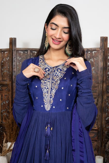 Shop_Nadima Saqib_Blue Anarkali Chanderi, Wrinkle Cotton Dupatta Georgette With Gathered Sleeve _Online_at_Aza_Fashions