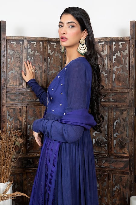 Nadima Saqib_Blue Anarkali Chanderi, Wrinkle Cotton Dupatta Georgette With Gathered Sleeve _at_Aza_Fashions